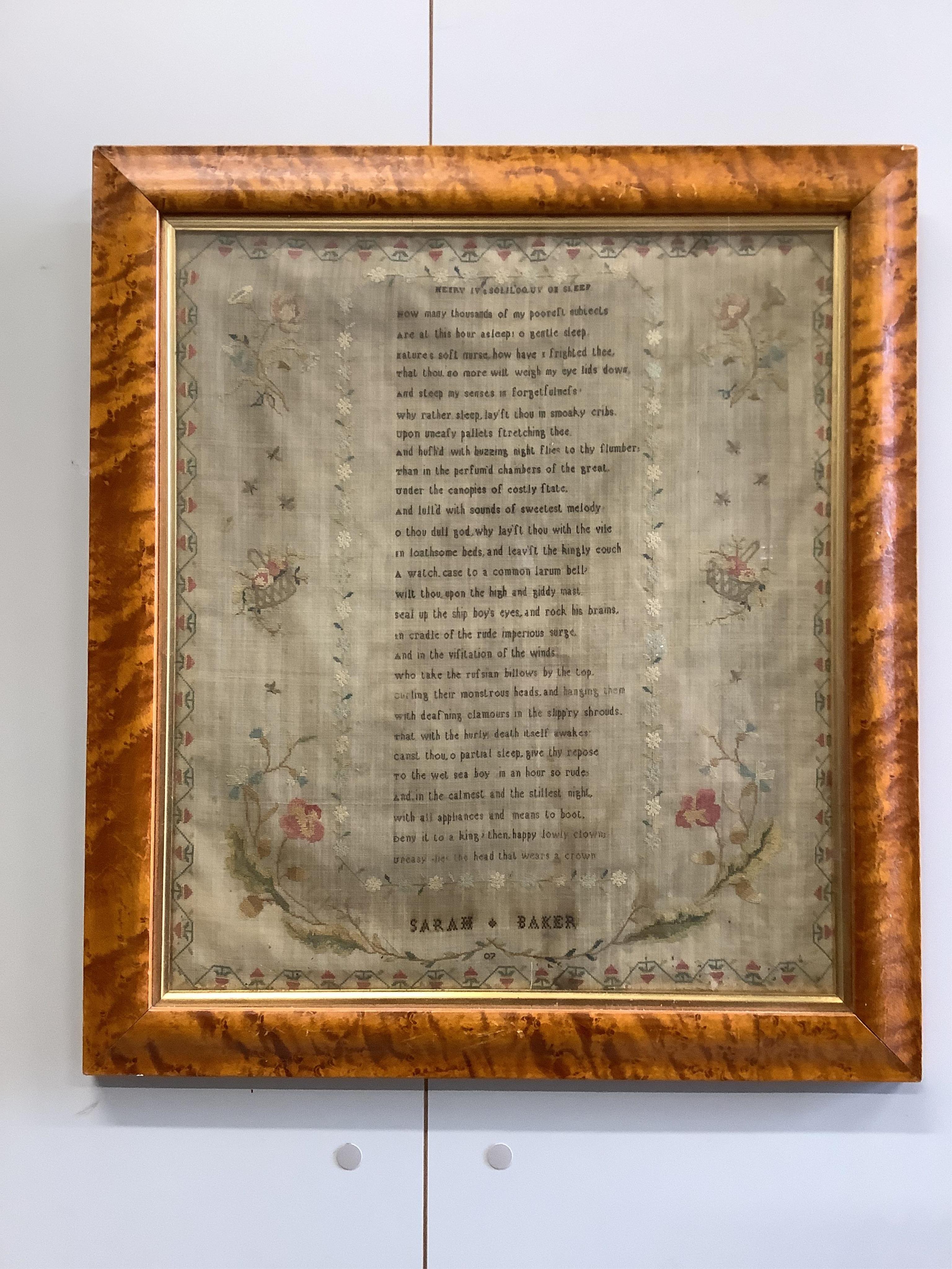 An early 19th century sampler dated 07, by Sarah Baker, ‘Henry IV’s Soliloquy of Sleep’, together with a later smaller alphabet and spot motif sampler by Elizabeth Fleet aged 8, dated 1838, both framed